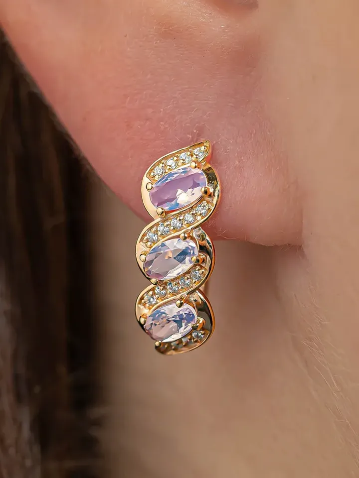Earrings jewelry Silver gold plated 925 assay value with cubic zirconia and agate