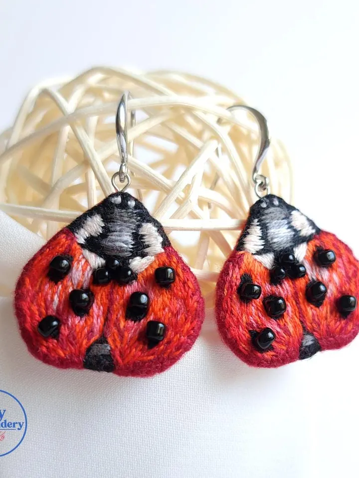 Ladybug Earrings Embroidery Handcrafted Funny Jewelry Artisan Earrings Quirky Accessory Party Boho Design Fiesta Folk Art Celebration Decor