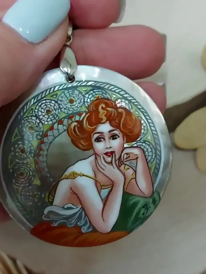 Pendant Alphonse Mucha Dream. Mother-of-pearl Hand-painted Russian jewelry magic of painting fine art jewelry Art gift Fedoskino Collectible