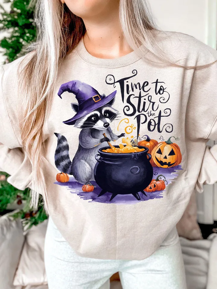 Time To Stir The Pot Png Funny Raccoon Witch Retro Halloween Png Spooky Season Png Funny Halloween Witch Brew Png Vintage design ORIGINAL