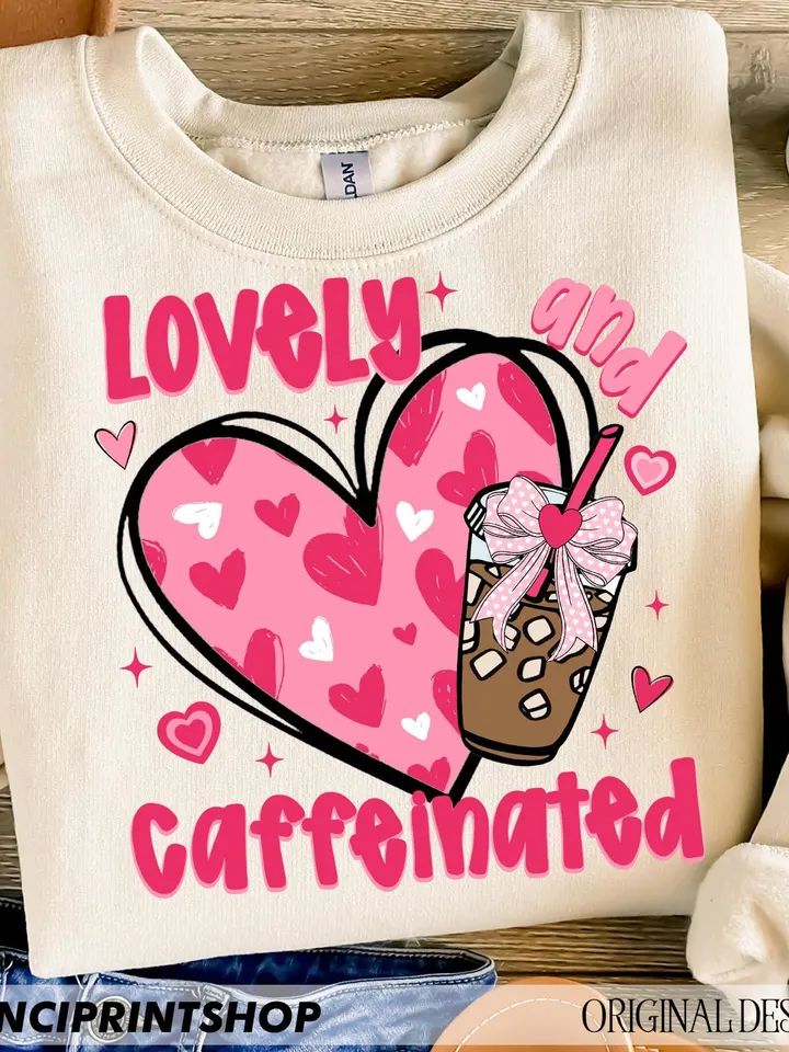 To Be Lovely & Caffeinated Png, Coffee Valentine Png, Valentine's Day Png, Coffee Valentine Heart Png, Coffee Lover Png, Valentine Bow png