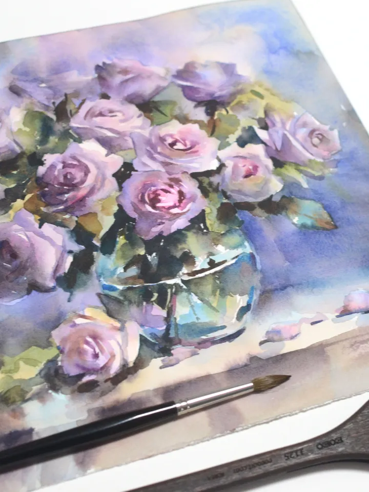 Lilac rose in glass / Original watercolor painting