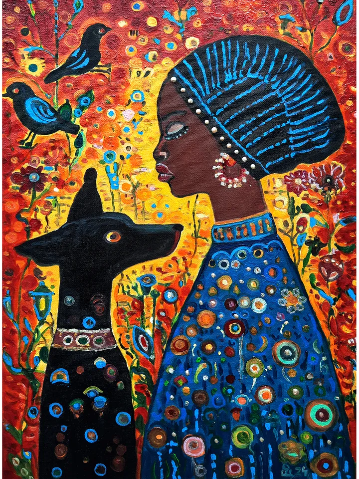 African Girl and Dog Original Oil painting Oil on canvas