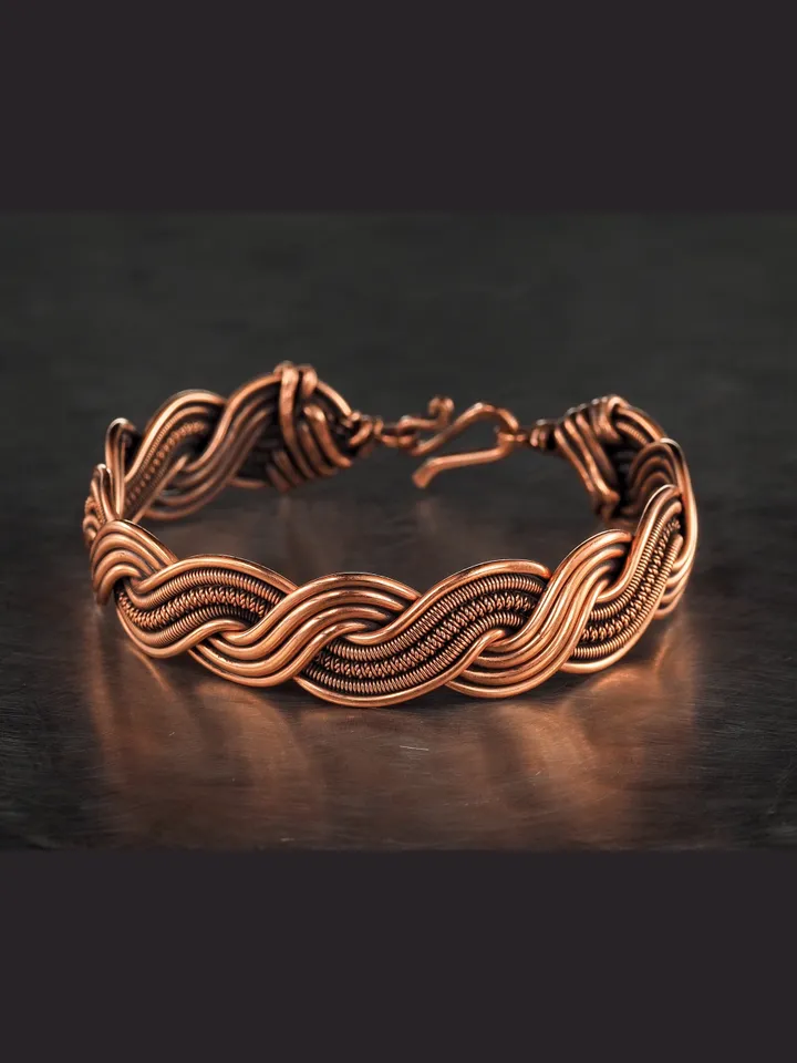 Wire wrapped bracelet, Unique 7th 22nd Anniversary gift idea, Art Nouveau antique style, One of kind braided statement bangle, Handmade oxidized pure copper jewelry, Pain relief, EMF protection