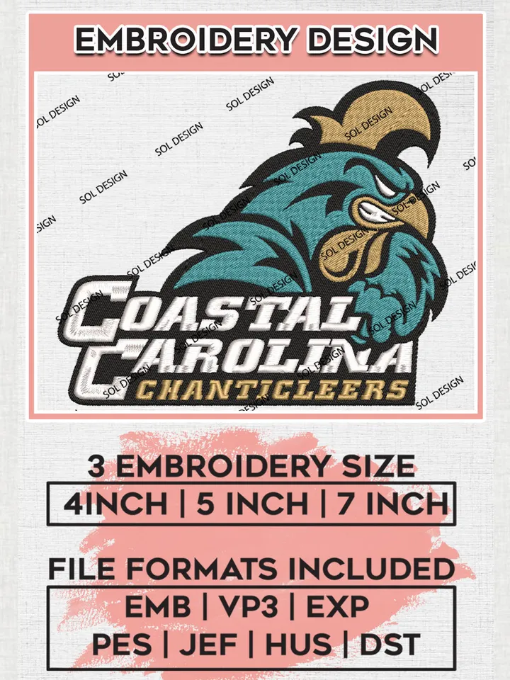 NCAA Coastal Carolina Chanticleers Team Word Logo Embroidery Design Files, NCAA Coastal Carolina Chanticleers Machine Embroidery, NCAA Teams, Game Day, 3 sizes, NCAA Machine embroidery designs, Digital Download