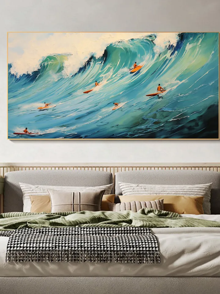 Original Surf Painting on Canvas, Custom Painting, Large Wall Art Personalized Gift, Blue Ocean Waves Nature Scenery Art, Bedroom Wall Decor