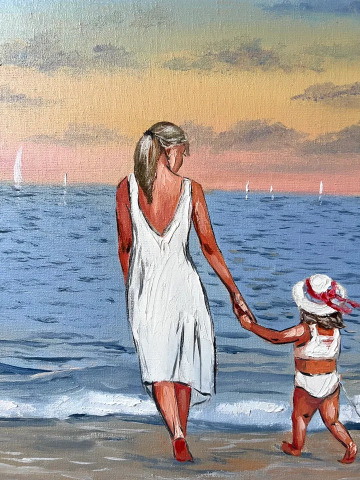 Original oil painting on canvas mom and daughter at sea seascape
