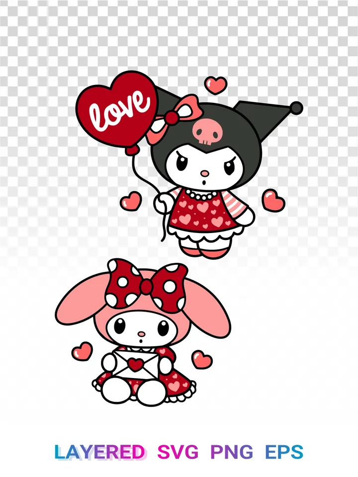 💕 Kuromi My Melody Valentine SVG PNG, Sanrio Love Cricut