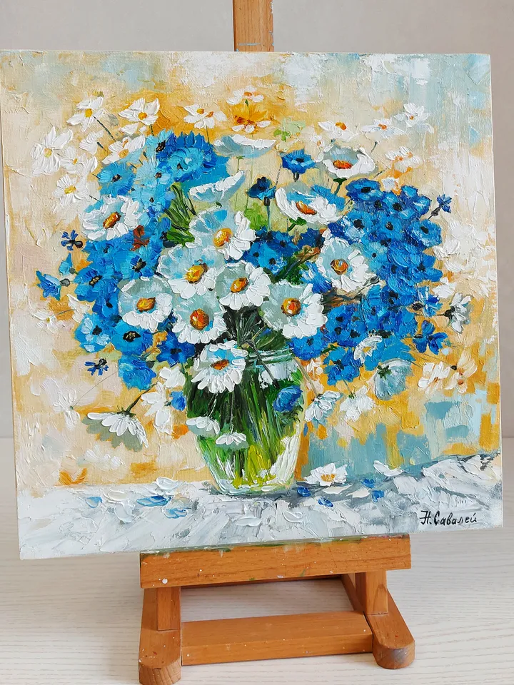 Original oil painting Daisies and cornflowers Bouquet of wildflowers 12" by 12" (30x30cm) by OilPaintingNatali