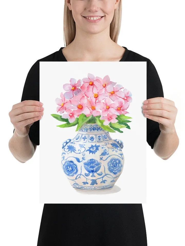 Chinoiserie Watercolor Vase Art Print Blue And White Porcelain Vase Ginger Jar Wall Art Farmhouse Decor Housewarming Gift Vintage Wall Art