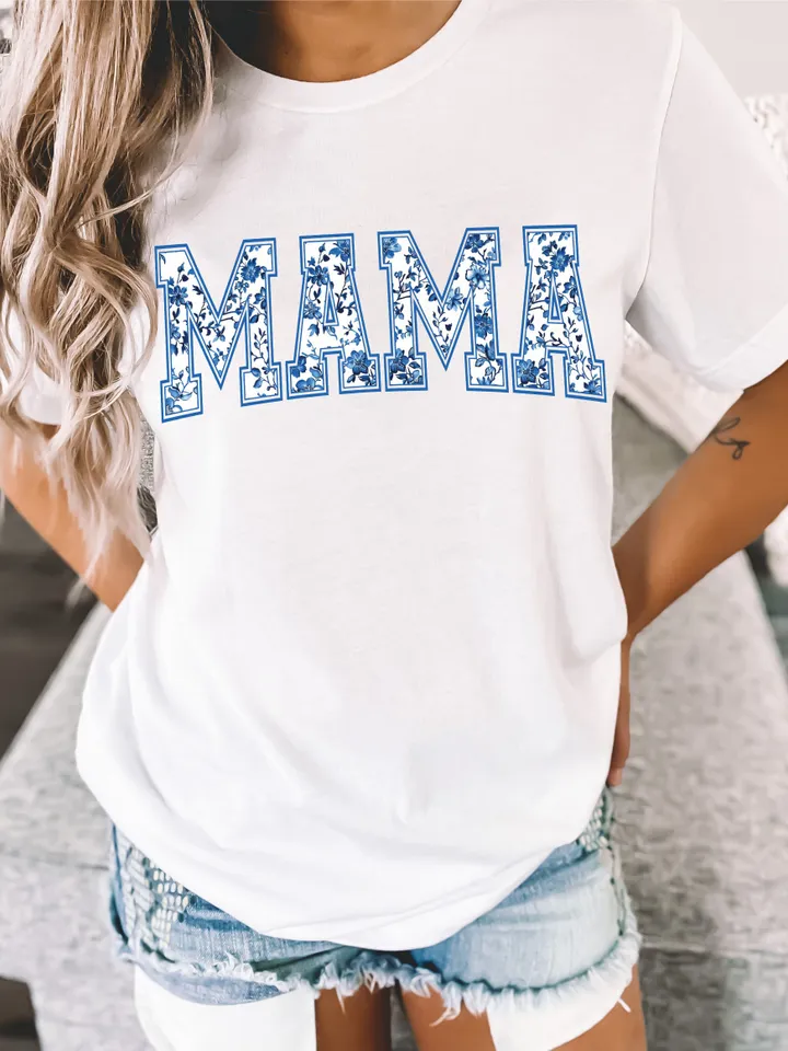 Chinoiserie Floral Mama Blue Willow Filled PNG Digital Download Hand Drawn Sublimation, Mama University Font, chinese style ceramic pattern