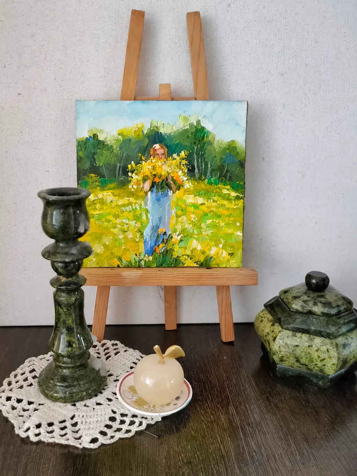 Original Art Yellow Flowers and Girl Wall Art Oil Painting Impasto Artwork Canvas Art Small Painting 6 by 6 inches