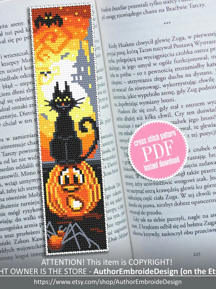 Halloween bookmark cross stitch pattern download PDF Modern handmade bookmark digital, Halloween cross stitch Cute Black cat embroidery #B71