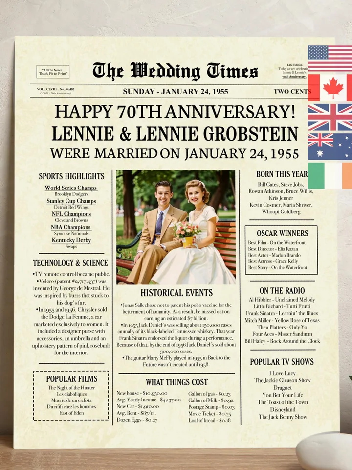 70th Wedding Anniversary Gift for Couple, 1955 Anniversary Newspaper, 70th Anniversary Decorations, Digital Printable Poster