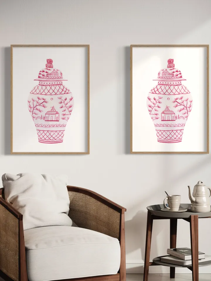 Pink Chinoiserie Set Of 2 Ginger Jar, Asian Vase Print, Dressing Room Art, Vintage Chinoiserie, Pagoda Decor Print, Chinoiserie Chic Art