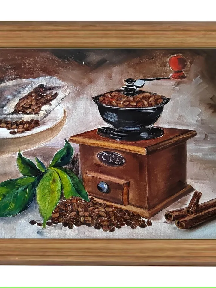 Manual Coffee Mill & Coffee Beans Artwork Original Oil Painting 10.63x15.35 in by ArtCafe