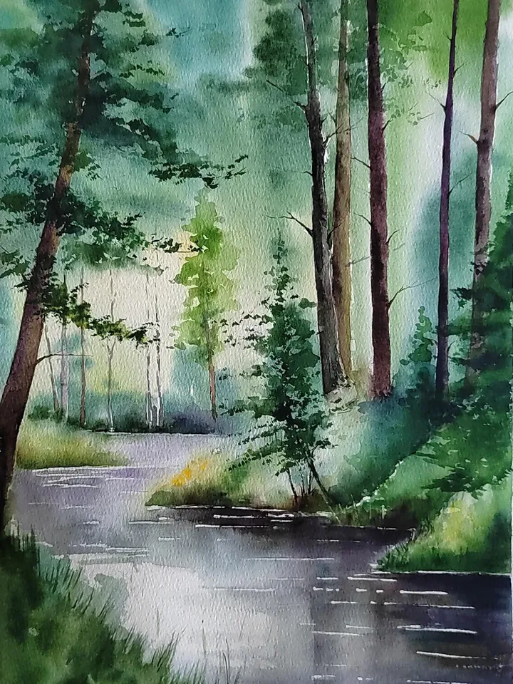 Forest Landscape Painting Original Watercolor Art Forest River Artwork Summer Forest Picture 10.62x15.35 in by Art Café