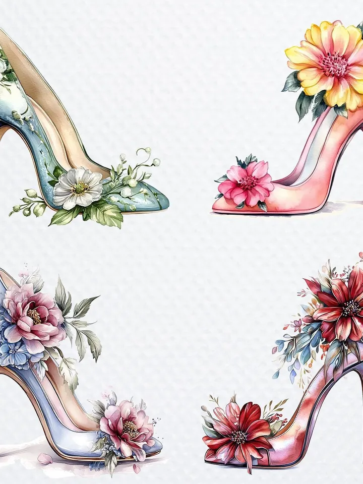 12 Floral Prom Shoes PNG Bundle, Printable Watercolor sublimation, High Quality PNGs, Digital download, Paper crafts, junk journals