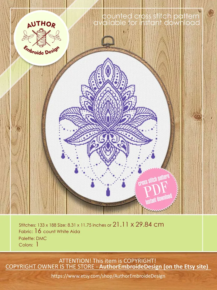 Lotus Flower Mandala set cross stitch pattern download PDF Monochrome mandala cross stitch, Mandala ornament Hand of Fatima, Hamsa hand #S62