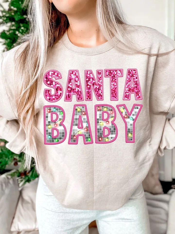 Santa baby preppy disco Christmas lights digital Faux Glitter Sequins Embroidery Letters PNG Christmas Lights, Trendy pink Christmas