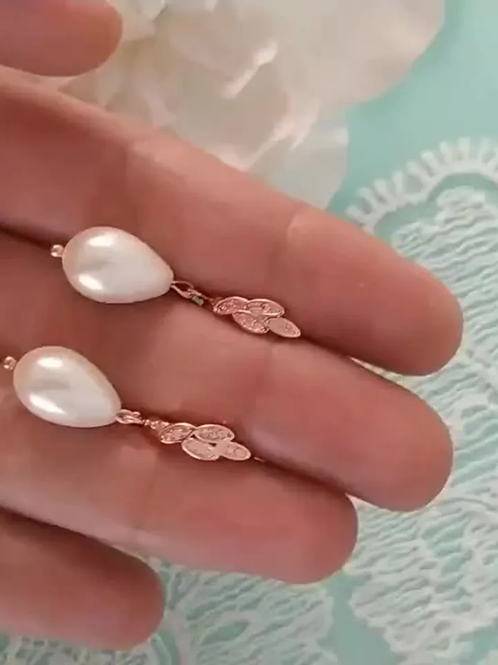Pearl Rose Gold Boho Wedding Earrings, CZ Boho Bridal Earrings, Statement Wedding Jewelry, Pearl Wedding Jewelry, Gold Teardrop Earrings