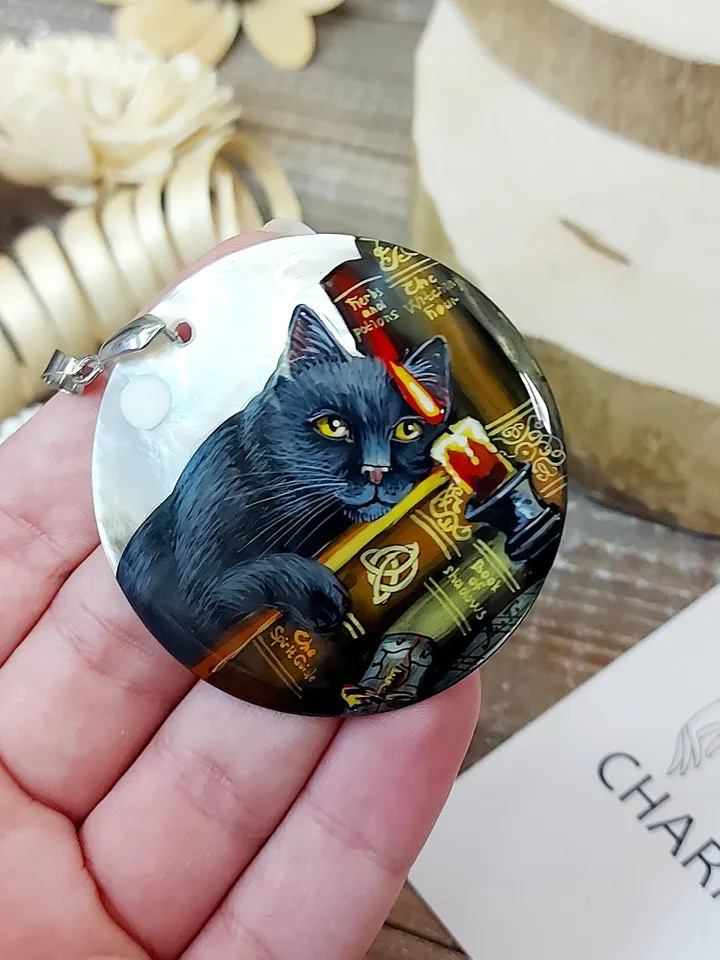 Russian jewelry: The cat in the library. Mother-of-pearl Russian hand painting. Hand-painted necklace pendant. Elegant Fedoskino lacquer art