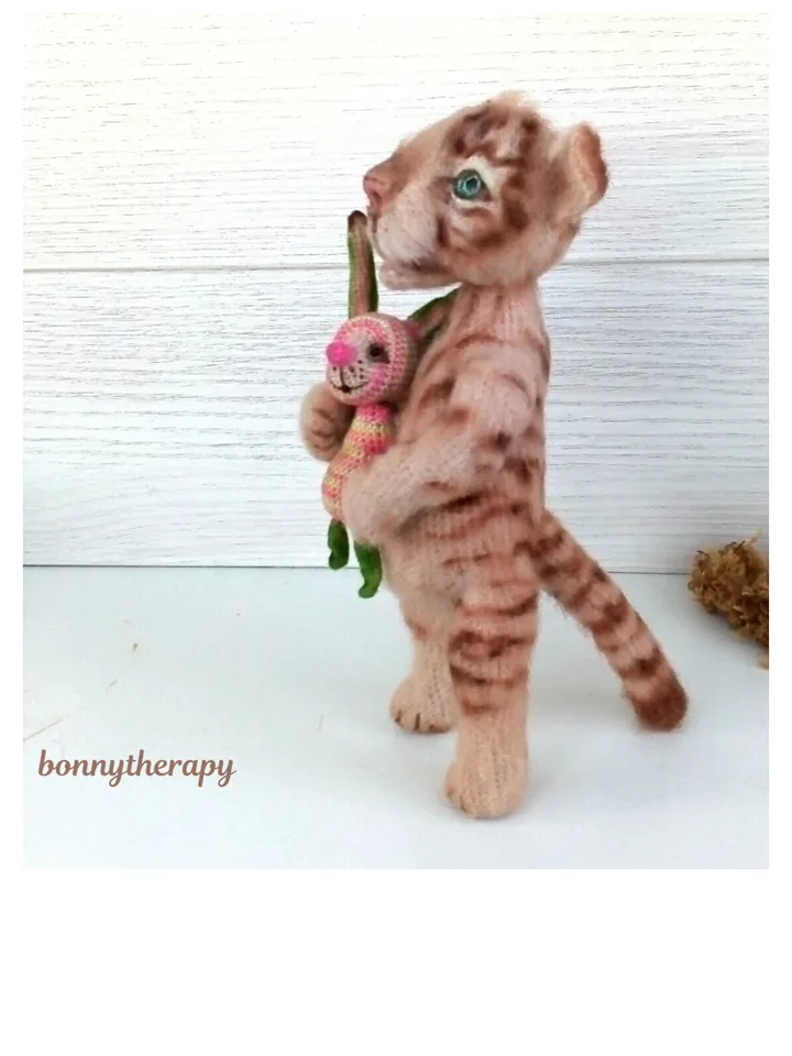 Cute crochet toy tiger cub, stuffed animal with wire frame