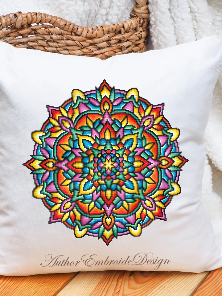 Stained glass mandala cross stitch pattern PDF download Modern Stained glass cross stitch chart, Colorful mandala pattern digital PDF #M266