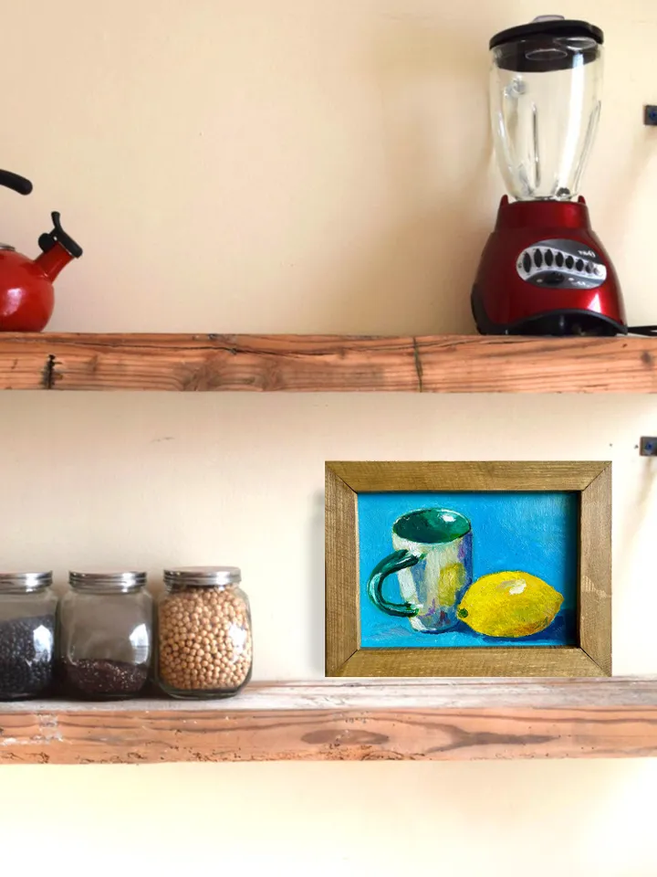 Lemon painting oil, original lemon and cup still life painting, fruit wall art, framed citrus painting, kitchen wall decor