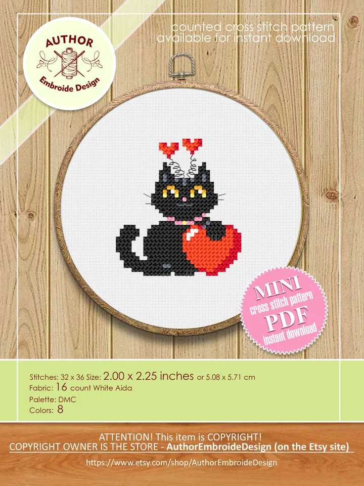 Set Cat valentines day cross stitch pattern download PDF Funny black cat cross stitch chart, Cute cat valentine cross stitch, Cat lover #T9