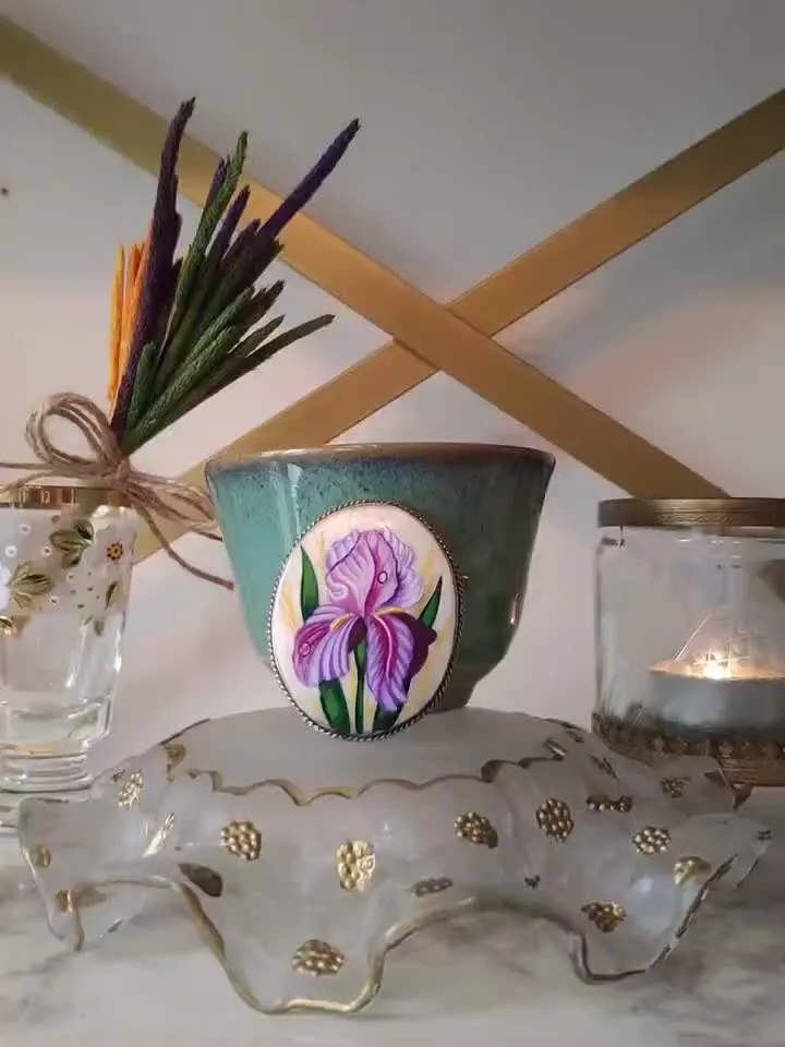 Brooches for women: Dainty pink Iris painted on lacquer brooch • Elegant jewelry pin with floral design • Impressive blossom pearl brooch