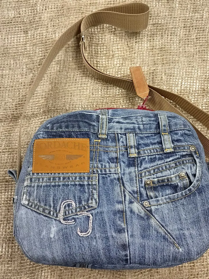 Unusual cute handmade denim bag with pockets - adjustable strap