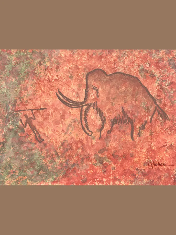 Hunter and mammoth wall art | Original Pastel and Watercolor Artwork Ancient Cave Painting Style 30x40 cm | Hunter Prehistoric art | Handmade Artwork | Mammoths stylization of rock art | Drawings of a prehistoric man | Modular painting