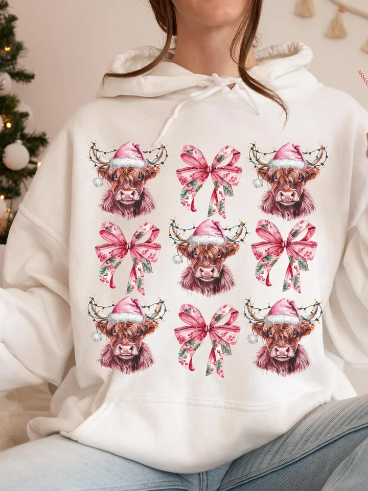 Highland Cow png,Christmas Lights PNG,Farm Animal Christmas PNG,Farmer Christmas png, Western png, Christmas png, pink country Christmas png