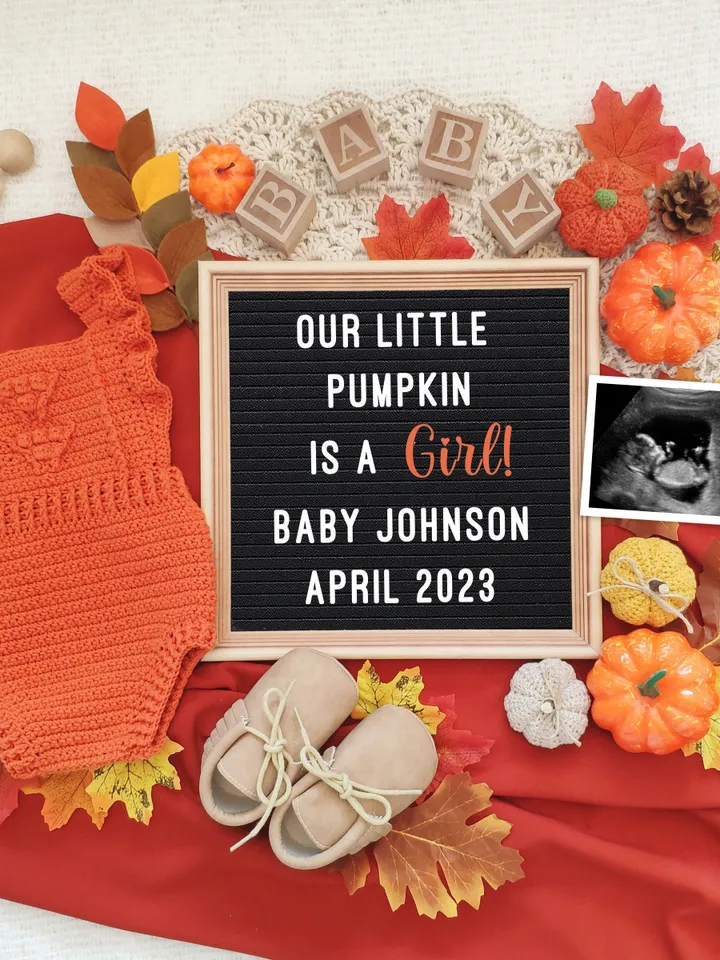 Girl Pregnancy Announcement Digital, Fall Baby Announcement Digital, Little Pumpkin Baby Announcement Editable Digital Template
