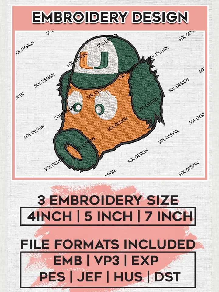 NCAA Miami Hurricanes Team Head Mascot Logo Embroidery Design Files, NCAA Miami Hurricanes Machine Embroidery, NCAA Teams, 3 sizes, NCAA Machine embroidery designs, Digital Download