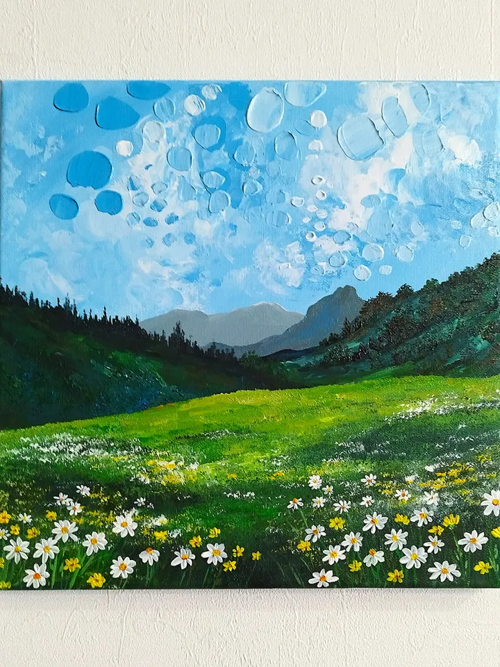 Mountain landscape painting Daisies impasto art