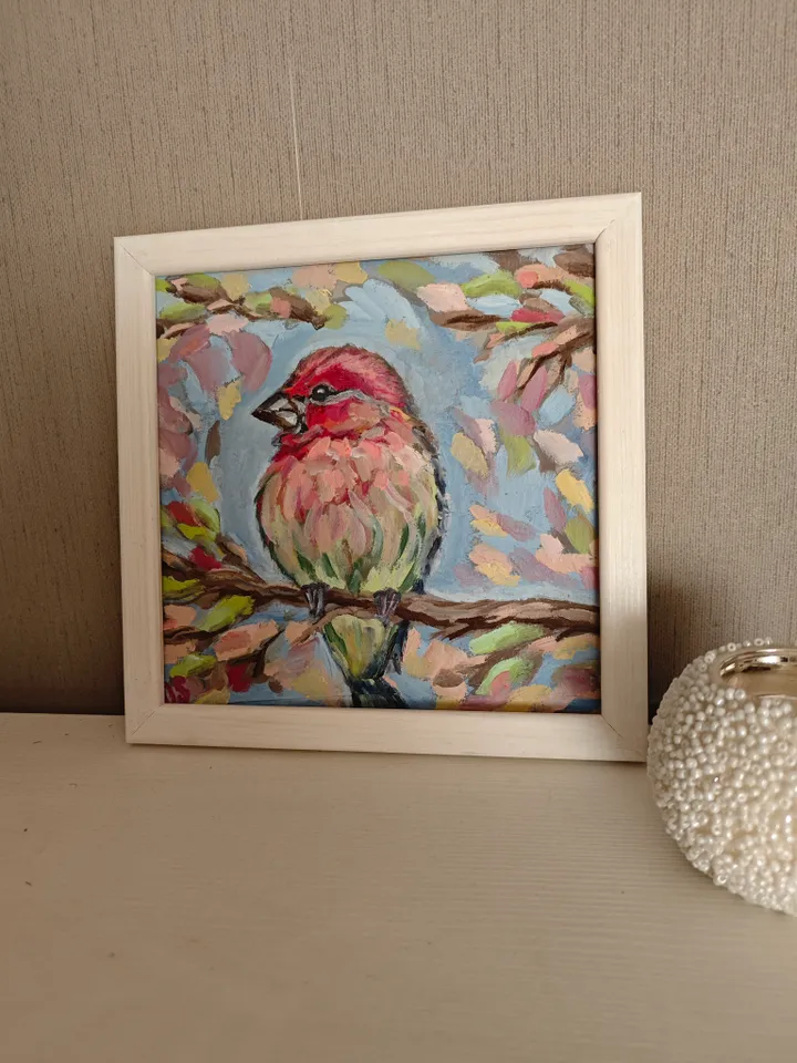 Bird Original Painting Bright Bird Original Art Animal Modern Artwork Multicolored Bird Wall Art Bright Bird Oil Painting 8x8 inches by OlgaSokolovaArt