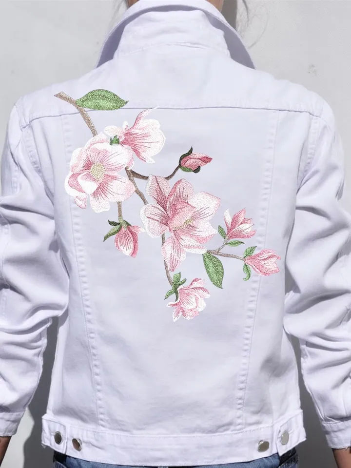 Magnolia twig in the technique of art embroidery machine embroidery design digital embroidery pattern