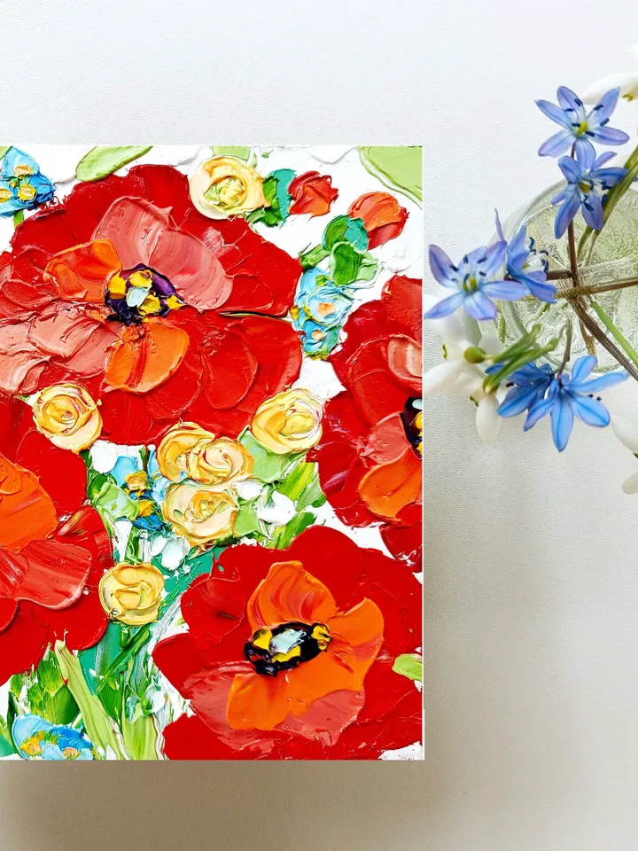Poppy Painting Original Art Impasto Oil Painting 6x6 Flower Small Artwork Impressionist Floral Painting Red Orange by ArtProkopaloSv