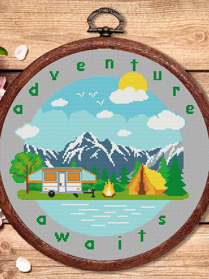 Adventure Awaits Cross Stitch Pattern, Camping Cross Stitch, Embroidery Adventure Awaits, Travel Pattern, Modern Cross Stitch #trl015