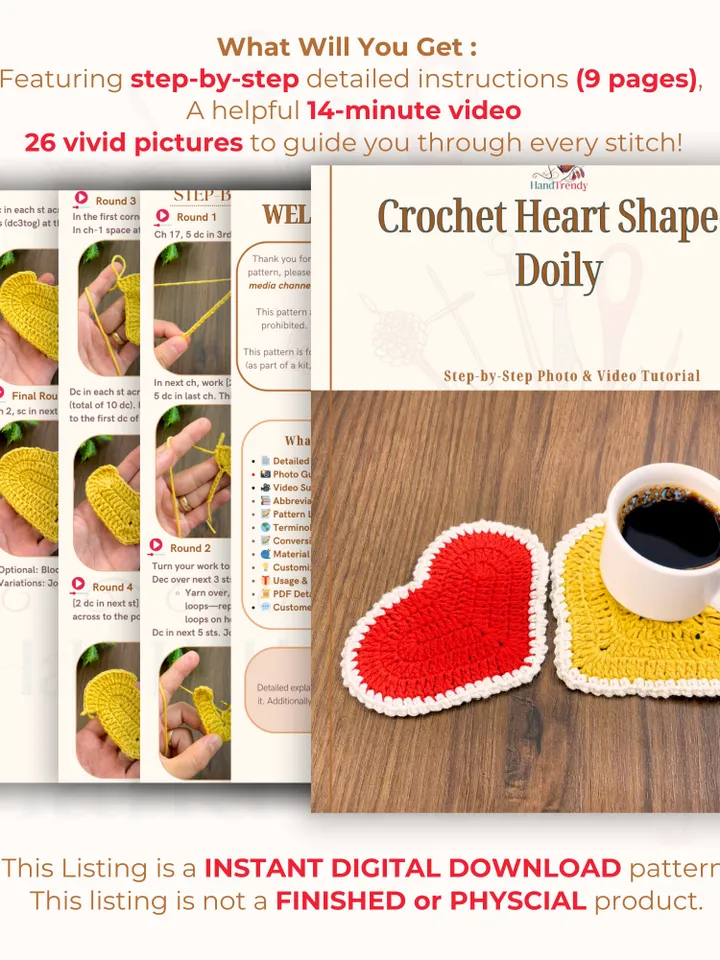 Crochet Heart Shaped Doily - Heart Potholder Crochet Pattern - Cute Crochet Decor for Valentine's Day or Housewarming Gift