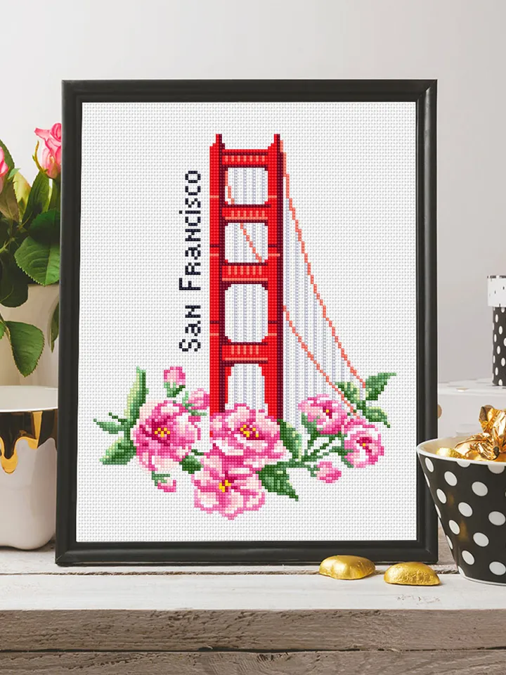 USA cross stitch pattern download PDF Golden gate bridge pattern digital PDF Spring flowers cross stitch chart Nature embroidery #E12