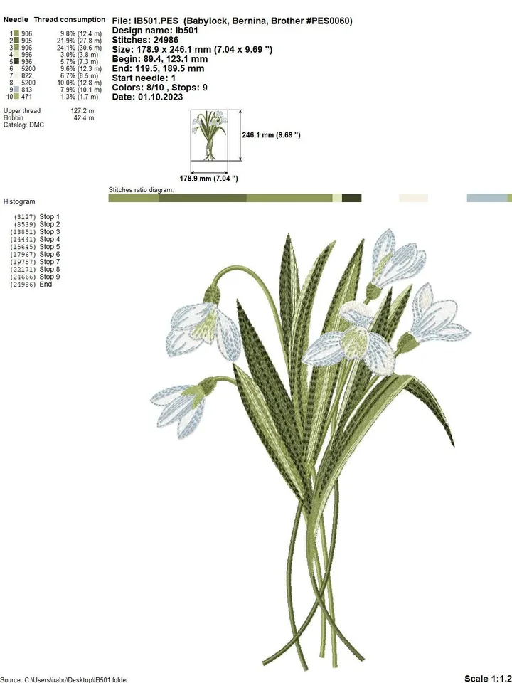 Bouquet of snowdrops machine embroidery design using artistic satin stitch technique