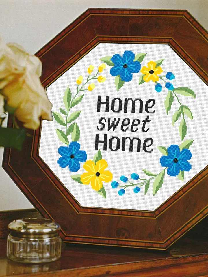 Home sweet home cross stitch pattern download PDF, Framed quote cross stitch chart, Floral wreath embroidery PDF, Easy beginner stitch #Q42