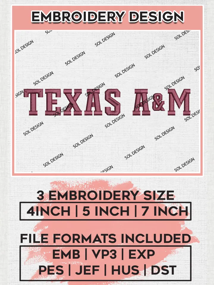 NCAA Texas A&M Team Word Logo Embroidery Design Files, NCAA Texas A&M Aggies Machine Embroidery, NCAA Teams, 3 sizes, NCAA Machine embroidery designs, Digital Download