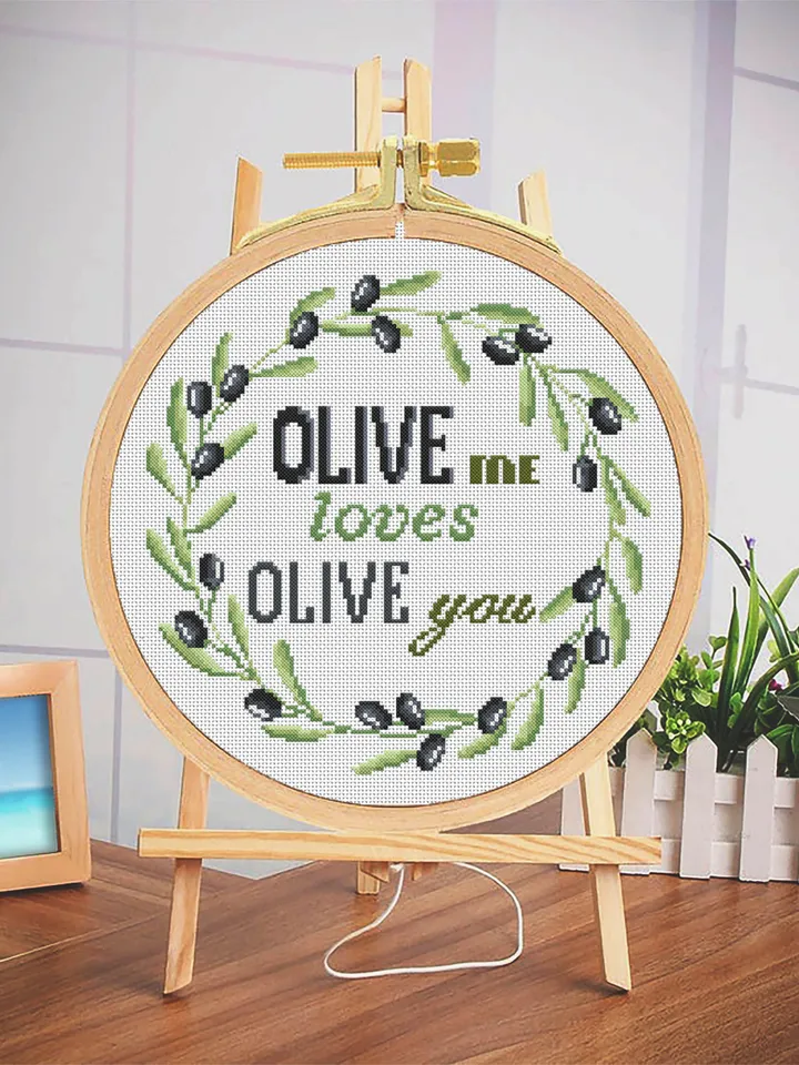 Olive wreath cross stitch pattern digital PDF Floral cross stitch quote OLIVE me loves olive you Easy beginner stitch Olive tree chart #Q22