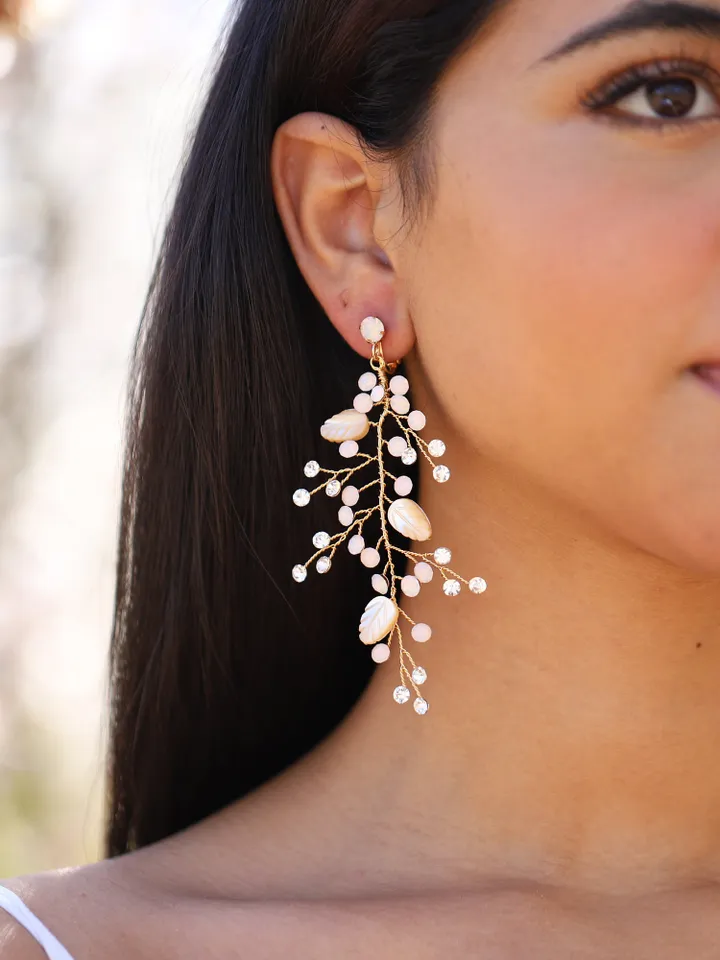 Opal Boho Wedding Earrings, Swarovski Crystal Long Bridal Earrings, Boho Bridal Earrings, Chandelier Statement Leaf Wedding Earrings Jewelry