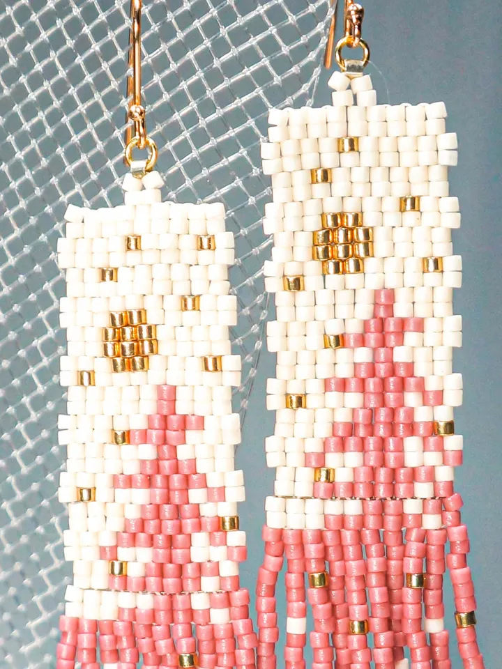Trees-Patterned pink pine Japanese Bead and sterling Silver Earrings A Fusion of Elegance and Nature