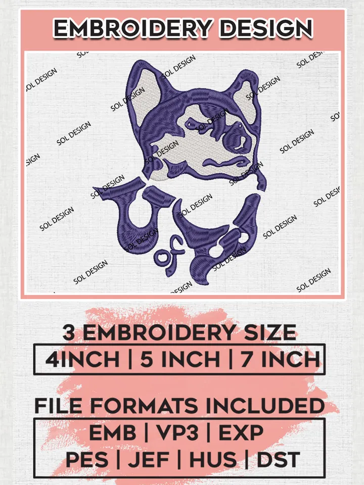 NCAA Washington Huskies Team Logo Embroidery Design Files, NCAA Washington Huskies Machine Embroidery, NCAA Teams, 3 sizes, NCAA Machine embroidery designs, Digital Download